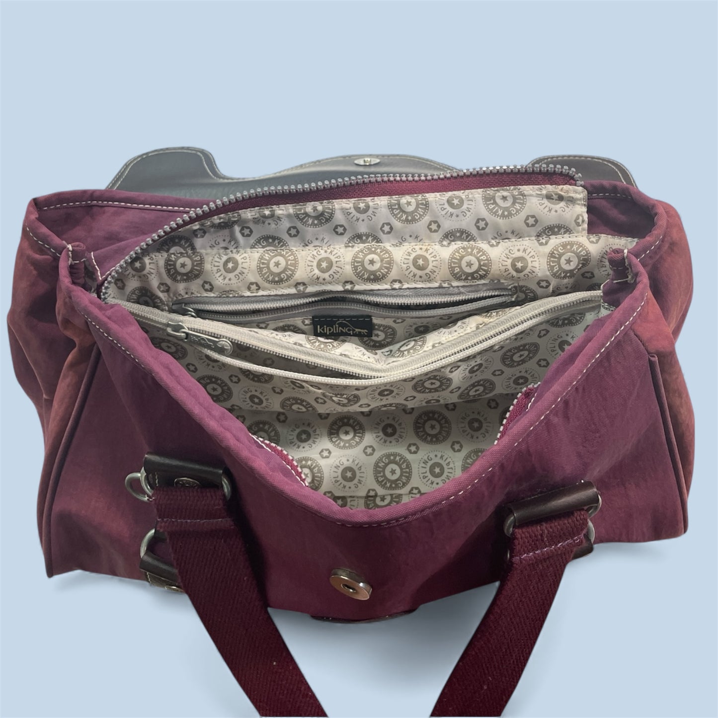 Kipling Burgundy & Charcoal Satchel Handbag | Spacious Everyday Bag
